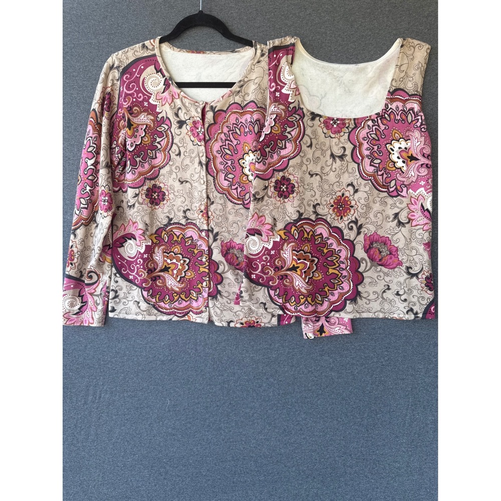 Talbot Boho Paisley Beaded Twin Set Cardigan and Tank Top Pink Tan Floral Size M